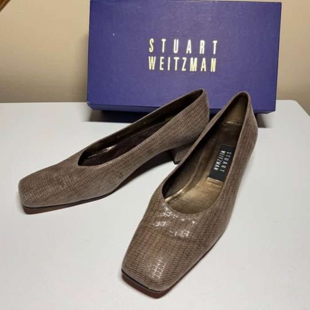 Stuart Weitzman Anyday Taupe Textured Leather Block Heel Pumps Size 9M